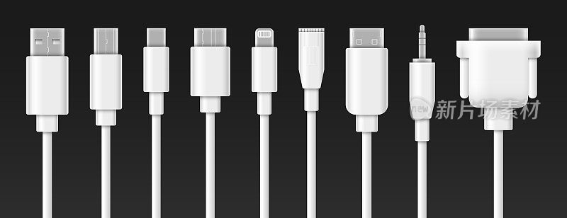 电缆连接器-矢量图标集。USB, HDMI，闪电，以太网和其他。现实的例子。黑色背景隔离